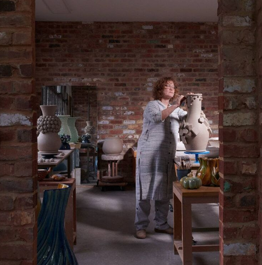 Kate Malone at work on her ceramics for Adrian Sassoon art dealer